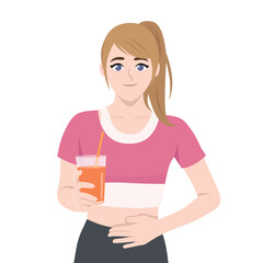 Woman holds a glass of orange juice while gently touching her stomach, symbolizing digestive care. Flat Vector character illustration