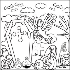 Halloween Coloring Page with Coffin, Pumpkins, Bats, and Spooky Graveyard