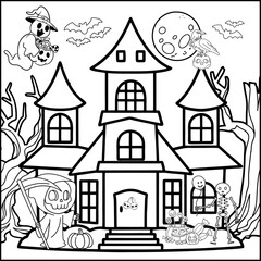 Fototapeta premium Halloween Haunted House Coloring Page with Ghost, Skeleton, Grim Reaper and Pumpkins