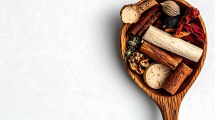 Close-up of wooden spoon holding assorted dried herbs, 50mm lens capture emphasizing natural wood grain and herb texture against clean white backdrop