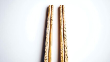 Close-up of two wooden chopsticks placed side-by-side, 50mm lens capture highlighting fine grain details and smooth finish against clean white backdrop
