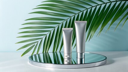 Fototapeta premium Cosmetic tubes mockup on mirror podium with palm leaf on light blue background
