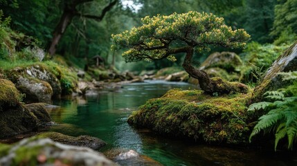 Tranquil bonsai by a mossy stream