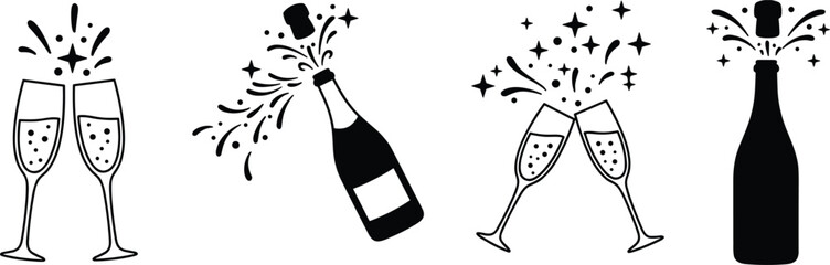 Champagne bottle and glasses vector, sparkling wine celebration icons, festive drink design, holiday party toast illustration, bubbly beverage