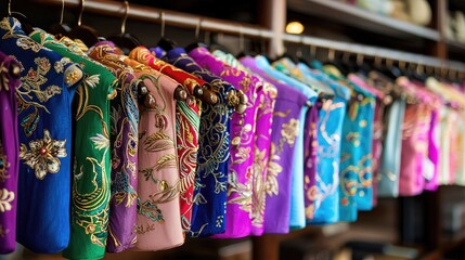 Fototapeta premium Colorful Traditional Garments Displayed in a Boutique with Intricate Patterns and Embroidery