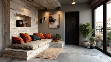 Rustic, modern lounge area with wooden wall and terracotta accents