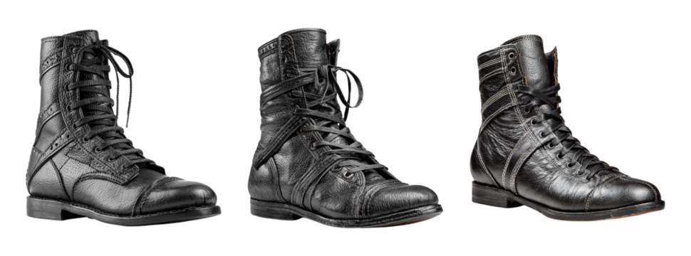 Collection of Vintage Black Military Boots Isolated on Transparent Background