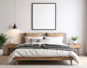 Serene Bedroom Interior with Blank Frame Minimalist Design and Natural Light.