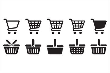 Flat Black Icons – Shopping Baskets and Carts for Online Stores

