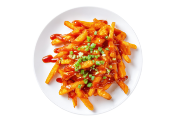 Crispy, savory potato fries, coated in a rich sauce, garnished with green onions