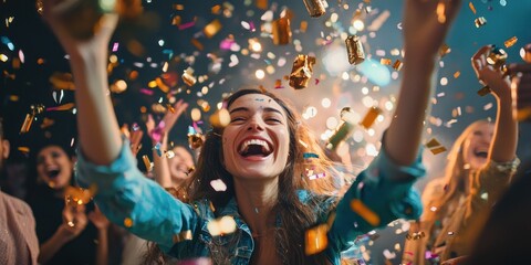 Obraz premium A joyful New Yearâ€™s Eve party scene with people throwing confetti