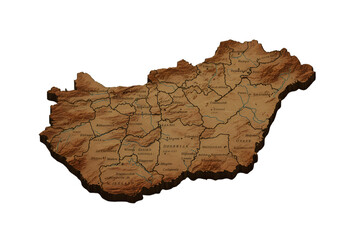 Detailed 3D Rendered Map of Hungary on Black Background Isolated