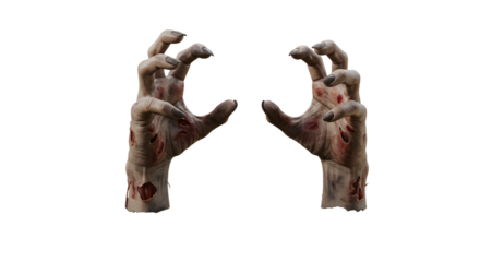 Grotesque pair of hands clawing from dark soil
