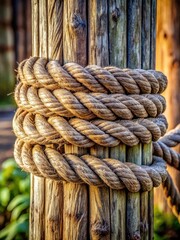 Close-up image of a thick rope with textured bark and knot details