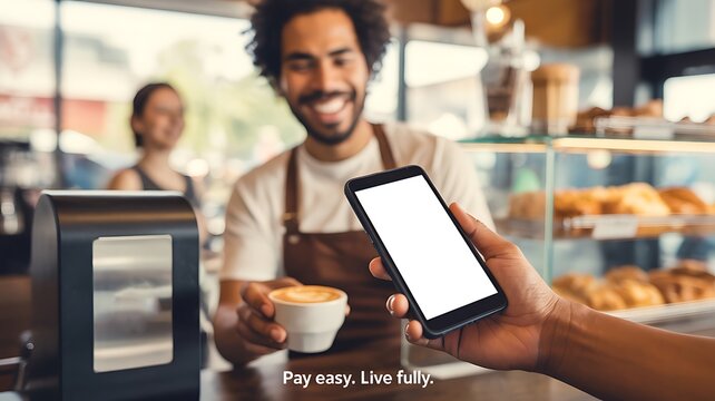 Customer paying with phone at coffee shop with barista holding coffee and pastries in background