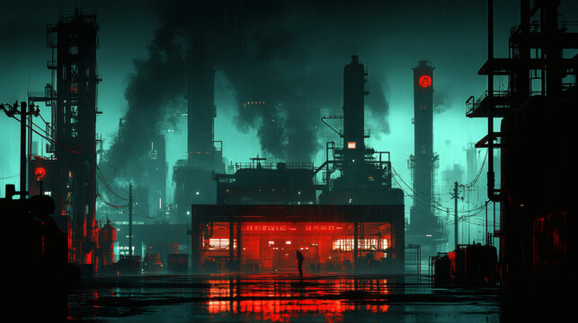 Render a steely environment with rusted generators in low light