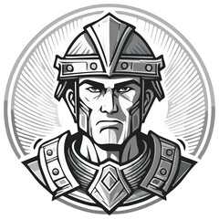 Stylized grayscale warrior in armor and helmet emblem. Strong determined face symbolizing courage and protection.