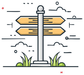 Hand drawn signpost with arrows pointing in opposite directions illustrating choice and direction