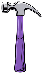 Cartoon illustration of a silver and purple claw hammer.