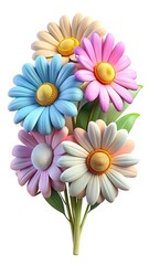 Fototapeta premium A cheerful bouquet of pastel colored daisies with yellow centers and green leaves on a white background