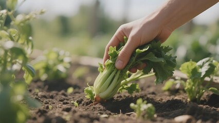 Hand harvesting fresh bok choy from a garden bed