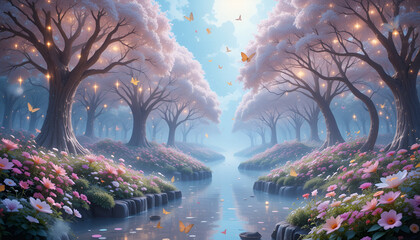 A serene landscape with flowering trees, butterflies, and a gentle river