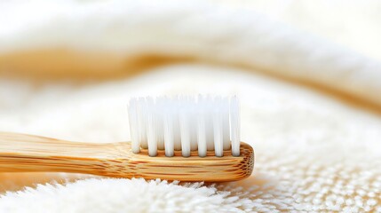 minimalist shot of eco-friendly bamboo toothbrush resting flat on white background, sharp focus on fine bristles and smooth wood grain captured with 50mm lens