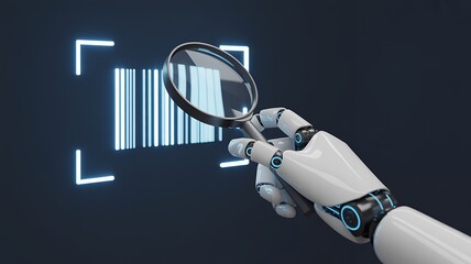A robotic arm holding a magnifying glass over a barcode with a dark blue background and neon accents