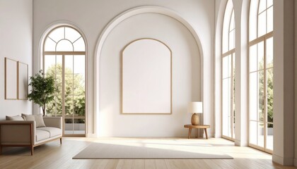 Serene Interior Arched Windows Neutral Palette and Modern Minimalist Design.