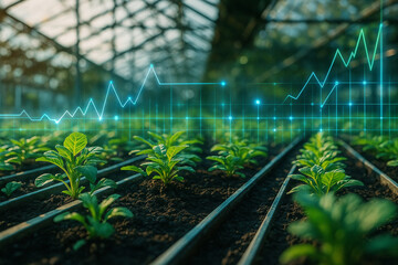 AI generated ultra realistic indoor crop field with glowing data graph overlay symbolizing precision agriculture and real time monitoring in a modern greenhouse