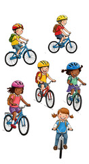 Illustration Of Seven Children Cycling In Bright Colors Transparent Background
