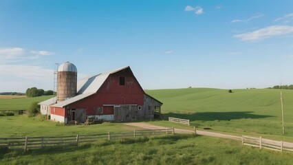 Red Barn with Silo in a Lush Green Field Under a Clear Sky