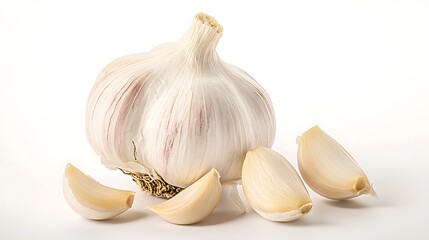 garlic bulb and peeled cloves captured on bright white background, sharp focus on rough skin and smooth peeled cloves, balanced lighting with 50mm lens