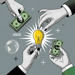 Photo of hands exchanging money for a bright idea symbolizing investment and financial support for innovation and business ventures