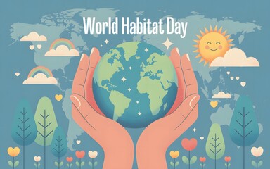 Hands holding planet earth celebrating world habitat day with nature elements