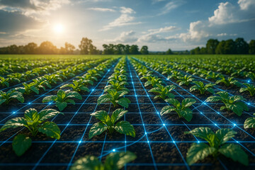 AI generated modern farmland with glowing blue digital mesh overlay representing smart farming iot data network crop monitoring and precision agriculture under sunlight and blue sky