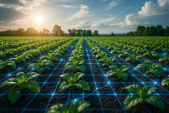 AI generated modern farmland with glowing blue digital mesh overlay representing smart farming iot data network crop monitoring and precision agriculture under sunlight and blue sky