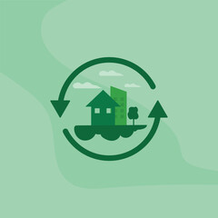 Green recycling symbol surrounds a city skyline with house tree clouds.