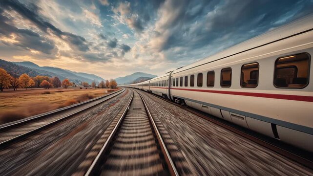 High Speed Train Zooms Through Picturesque Countryside with Dramatic Autumn Skies, Clouds, and Scenic Landscape for Travel Enthusiasts