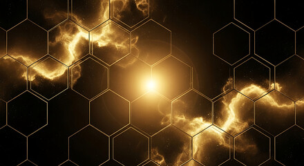 An abstract background with a glowing golden light and energy flowing through a hexagonal honeycomb grid.