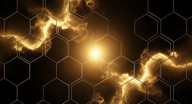An abstract background with a glowing golden light and energy flowing through a hexagonal honeycomb grid. - Powered by Adobe