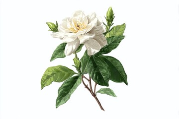 Obraz premium Exquisitely Detailed Botanical Illustration of a White Gardenia A CloseUp View of Floral Delicacy