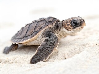 Obraz premium Studio macro image of a baby sea turtle crawling on invisible beach, flippers extended, textured shell catching soft light, isolated on pure white — hatchling, determined, vulnerable. 