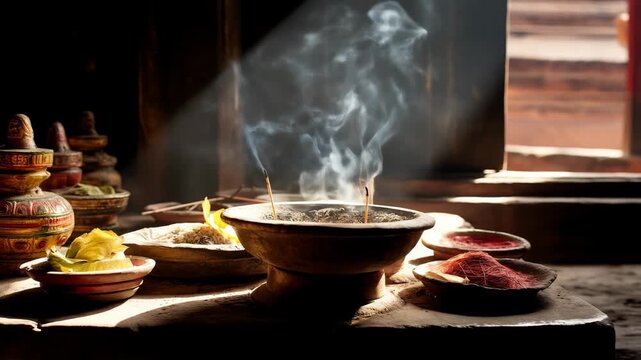 smoking incense in rustic temple with warm light