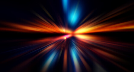 Blurred abstract image featuring luminous bokeh lights in orange and blue hues. Dynamic spots spread on a dark background, suggesting motion and vibrant energy.