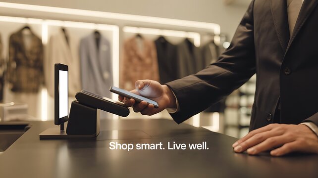 Man in suit using smartphone to pay at store with clothes in background and payment terminal visible