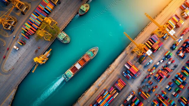 Aerial View of Busy Shipping Port with Cargo Ships and Colorful Containers Showcasing Industrial and Bustling Activity