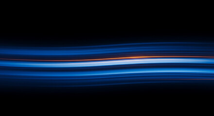 Abstract blue and orange light streaks creating a dynamic flow against a stark black background