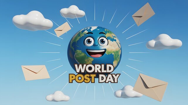 Happy cartoon earth character celebrating world post day with envelopes and clouds