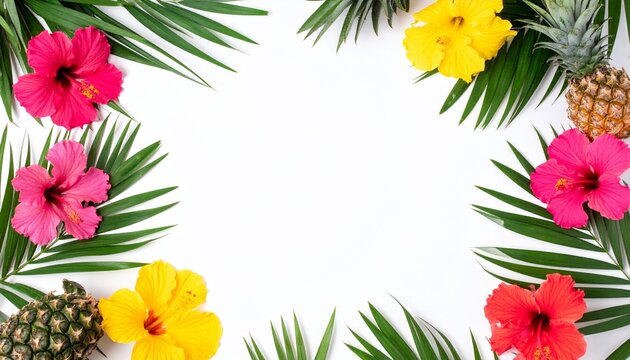Vibrant tropical border with hibiscus flowers, palm leaves and pineapples on white background